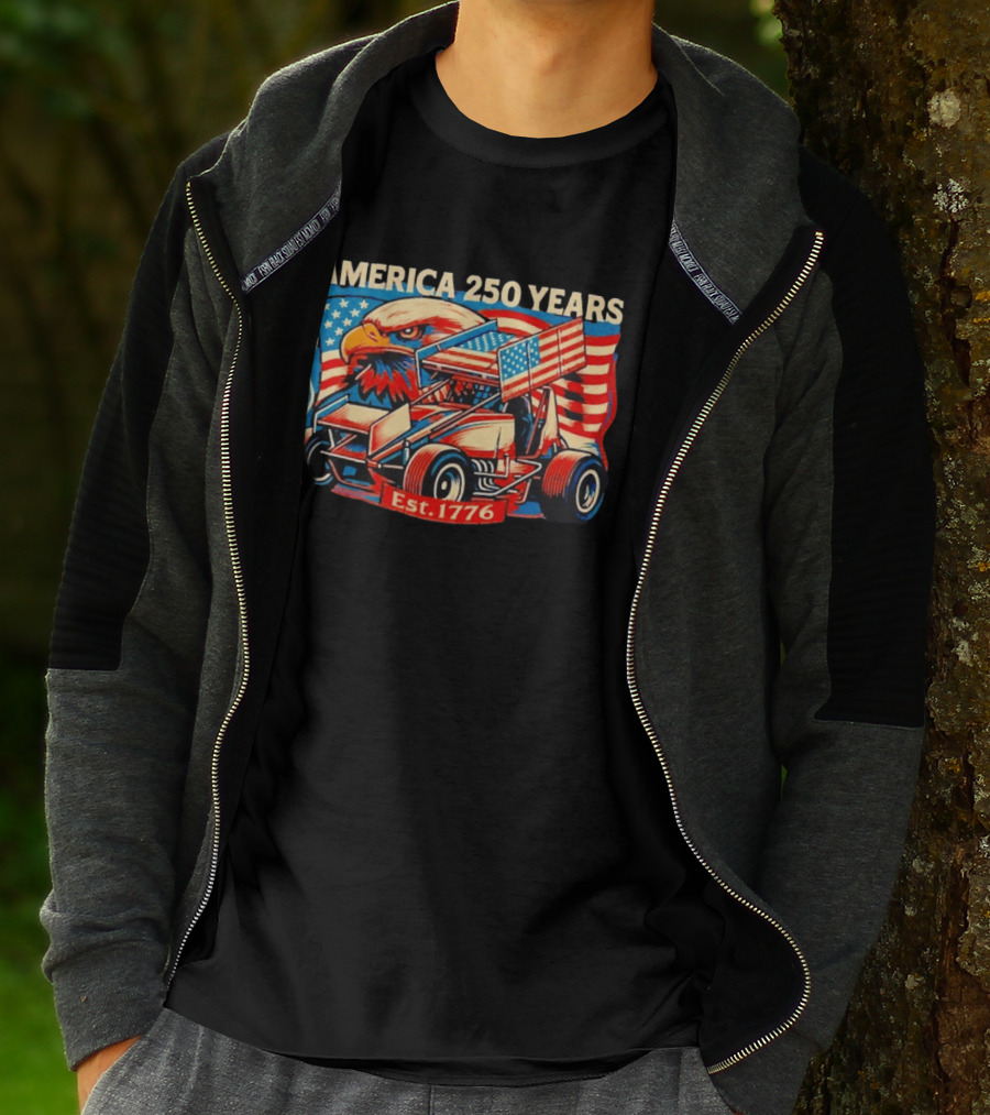 America 250 Years Est 1776 Eagle Winged Sprint Car With Flag Motif T-Shirt