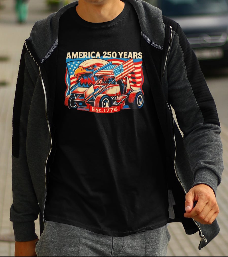 America 250 Years Est 1776 Eagle Winged Sprint Car With Flag Motif T-Shirt