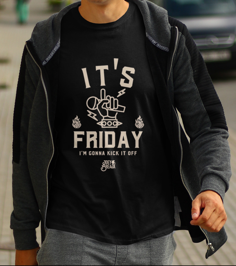 Joey Breaux It's Friday I'm Gonna Kick It Off Retro Rock Hand Sign Fire Lightning T-Shirt