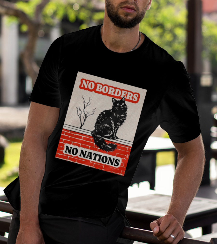 No Borders No Nations Cat Black Feline On Brick Wall T-Shirt