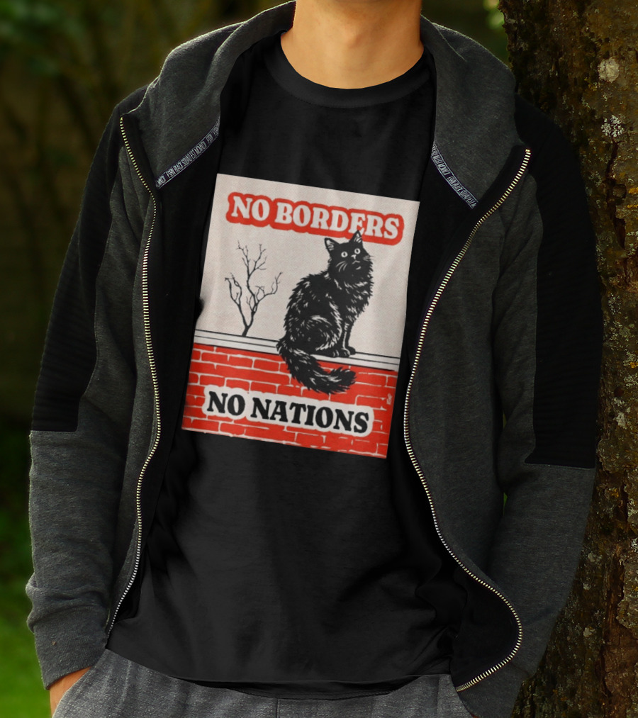No Borders No Nations Cat Black Feline On Brick Wall T-Shirt