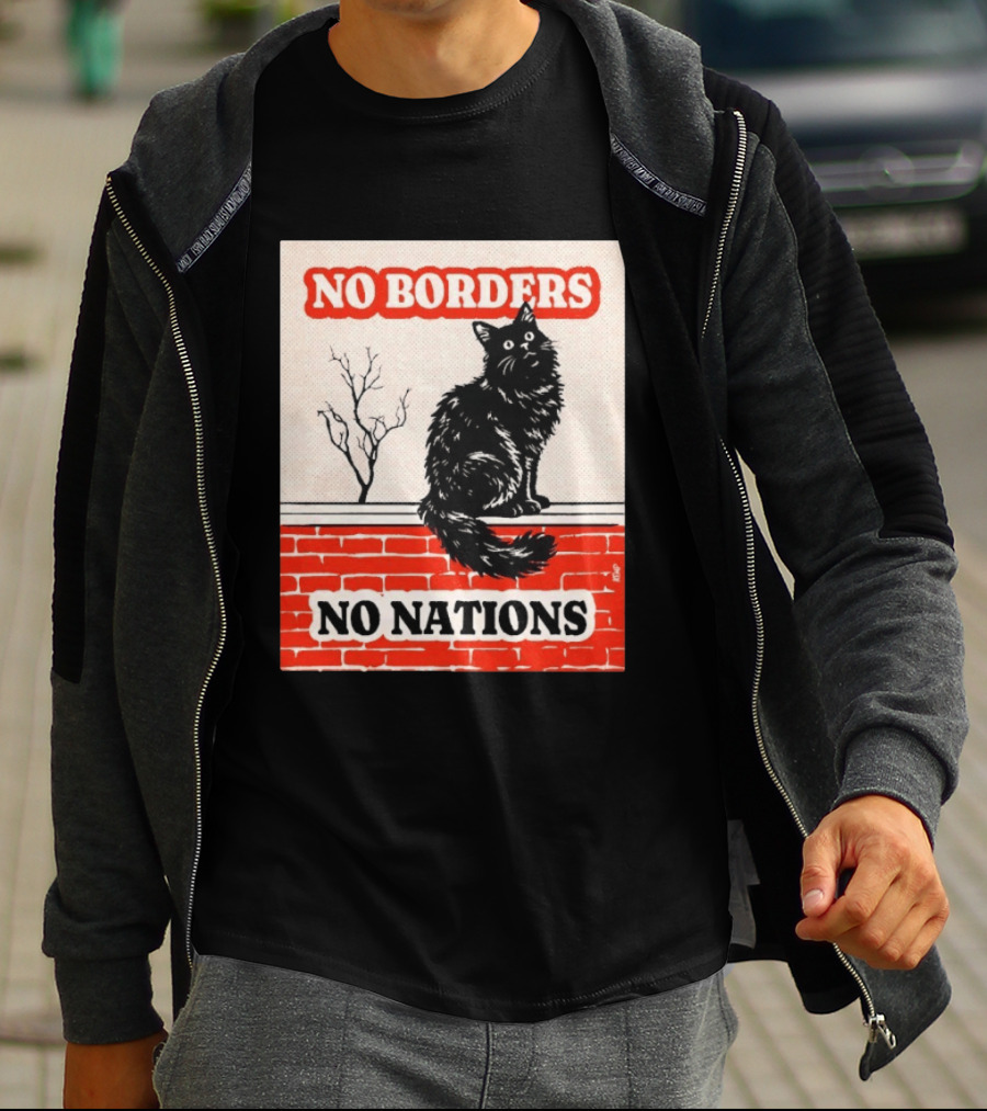 No Borders No Nations Cat Black Feline On Brick Wall T-Shirt
