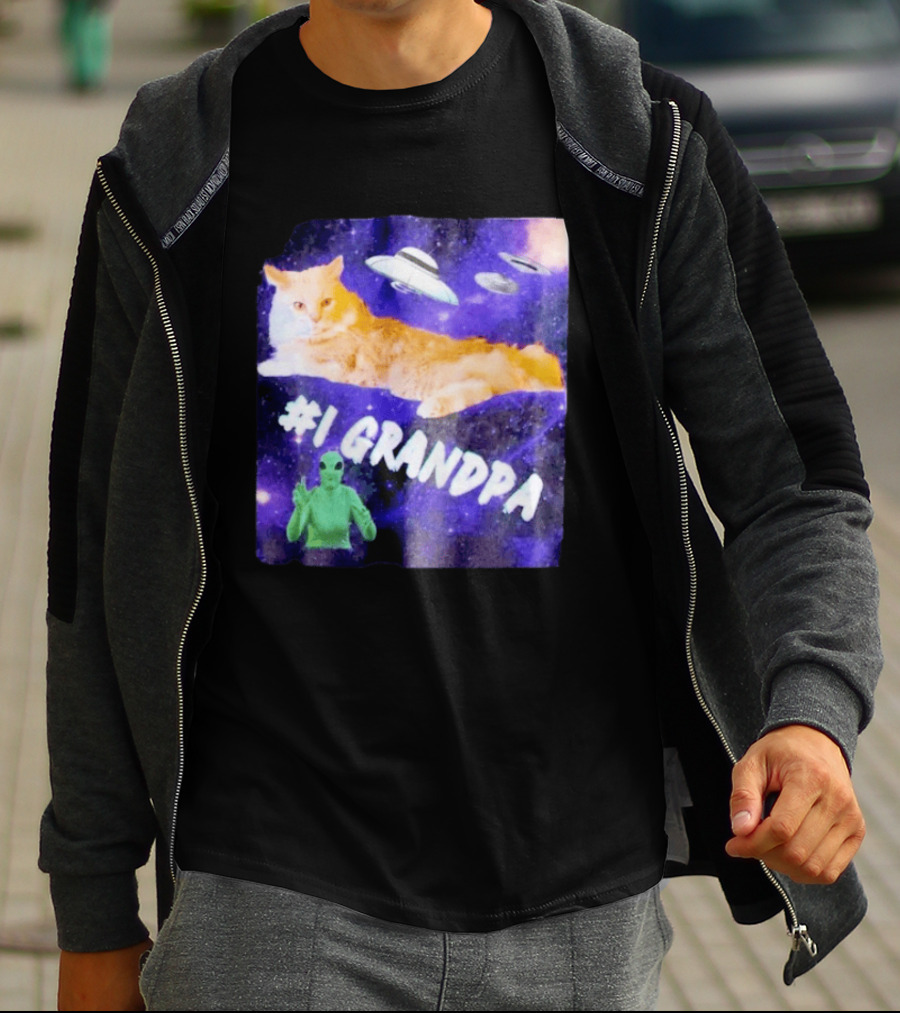 #1 Grandpa Cat Collage Alien And UFO Space T-Shirt