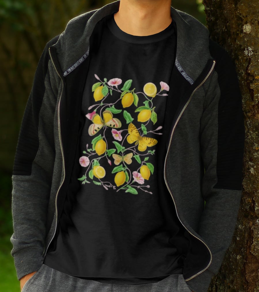 Botanical Lemon Butterfly Pink Flowers And Green Leaves T-Shirt