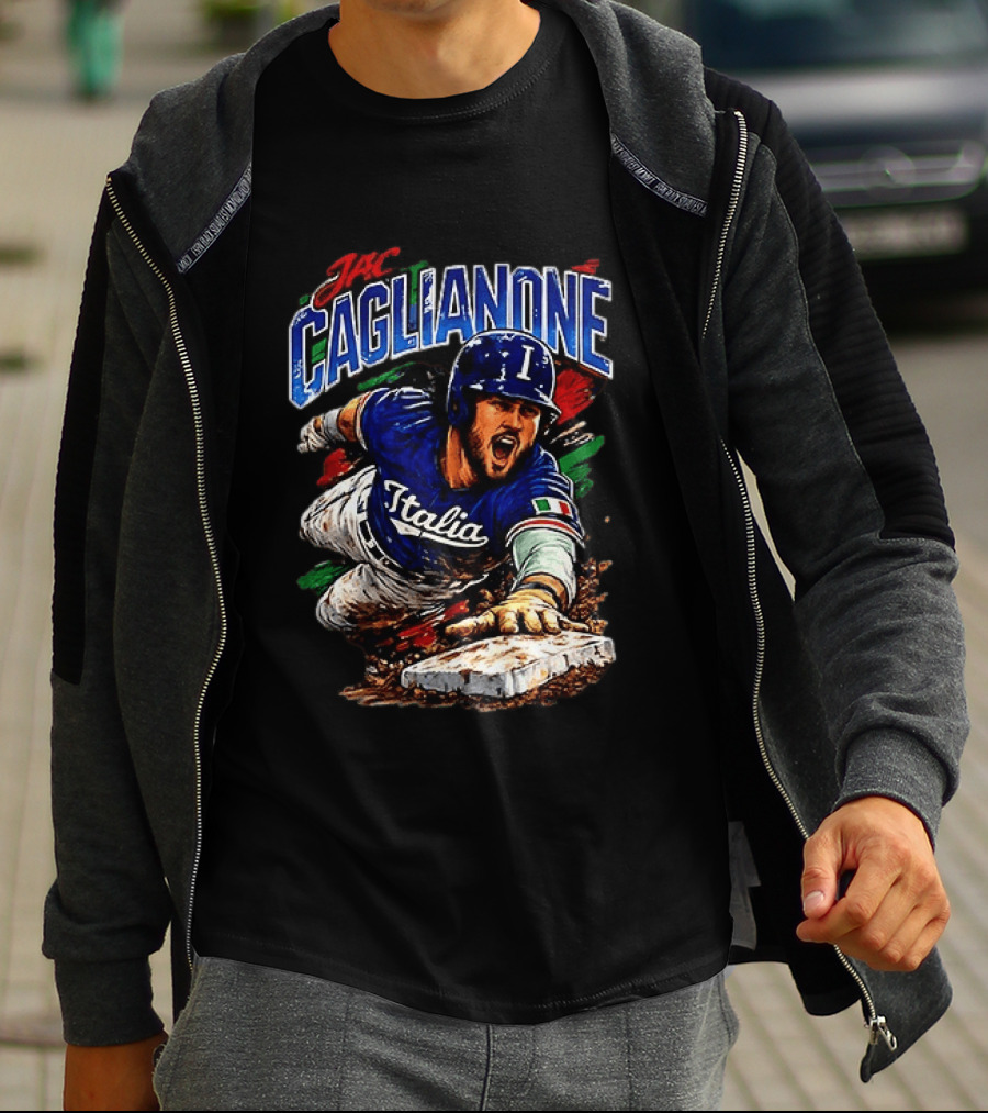 Jac Caglianone Italy Baseball Slide Dynamic Action Caricature T-Shirt
