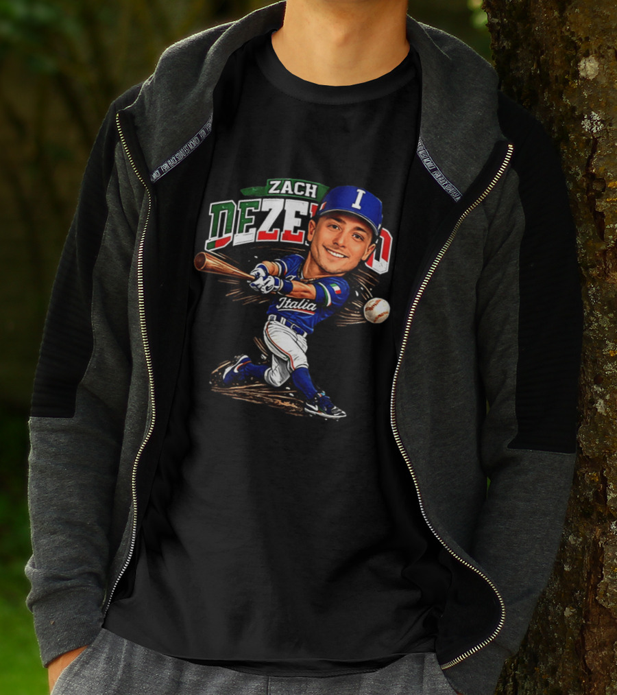 Zach Dezenzo Italia Baseball Classic Caricature Swinging Batter T-Shirt