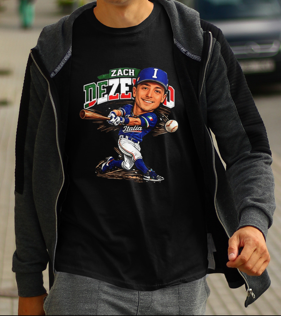 Zach Dezenzo Italia Baseball Classic Caricature Swinging Batter T-Shirt