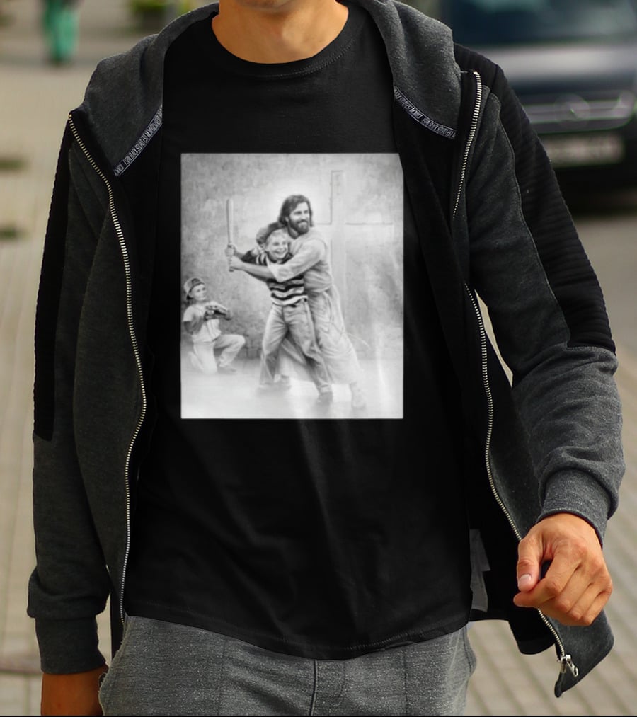 Jesus As A Coach With Children Playing Baseball In Front Of A Cross T-Shirt