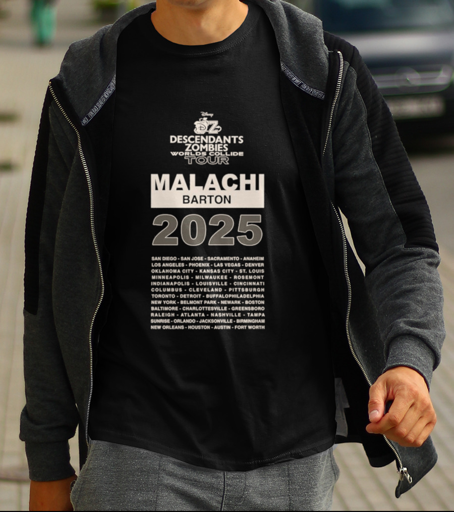Descendants Zombies Worlds Collide Tour Malachi Barton 2025 City List T-Shirt