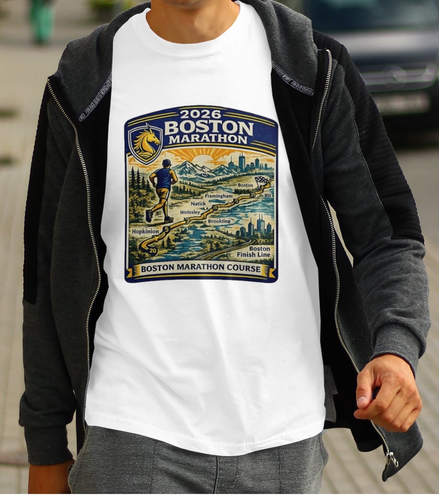 2026 Boston Marathon Course Hopkinton Framingham Natick Wellesley Brookline Finish Line T-Shirt