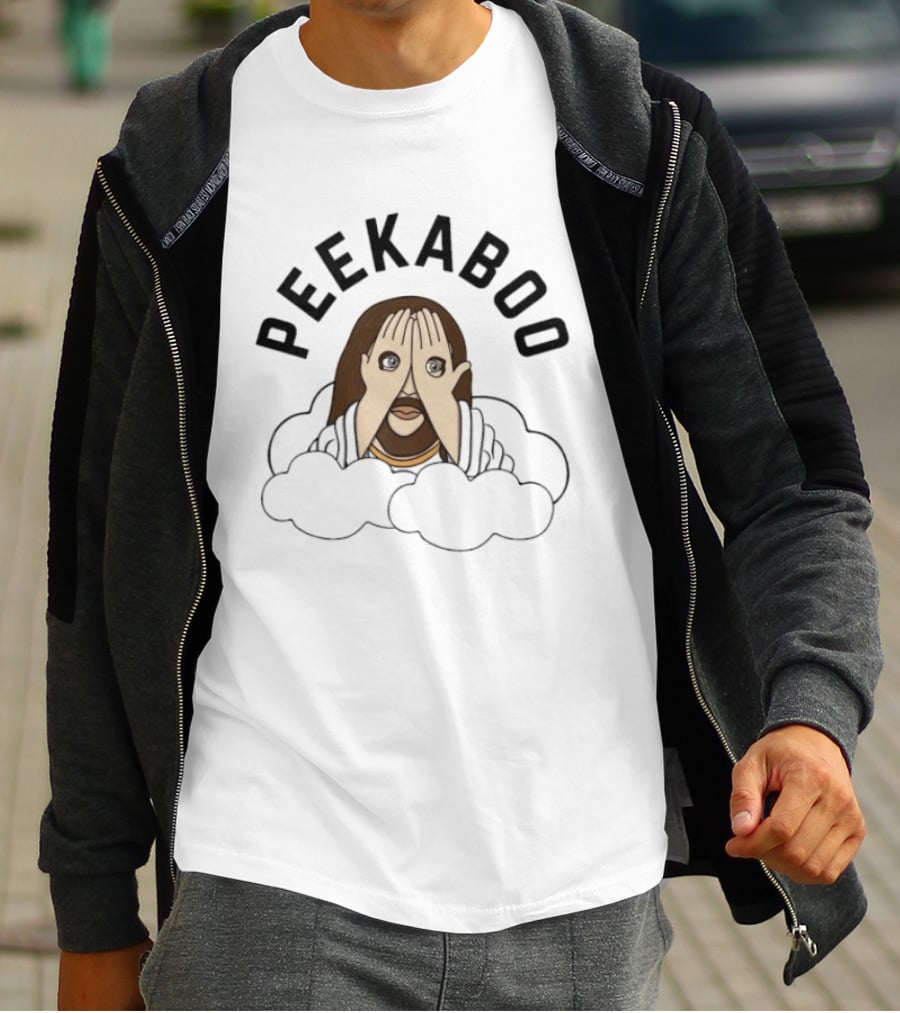 PEEKABOO Jesus Cartoon Clouds Playful Hands Covering Eyes T-Shirt