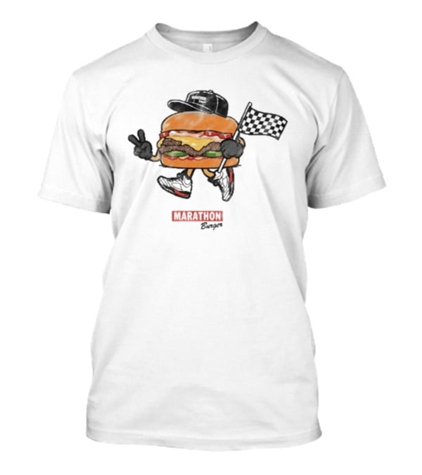 Marathon Burger Cartoon Racing With Peace Sign And Checkered Flag T-Shirt