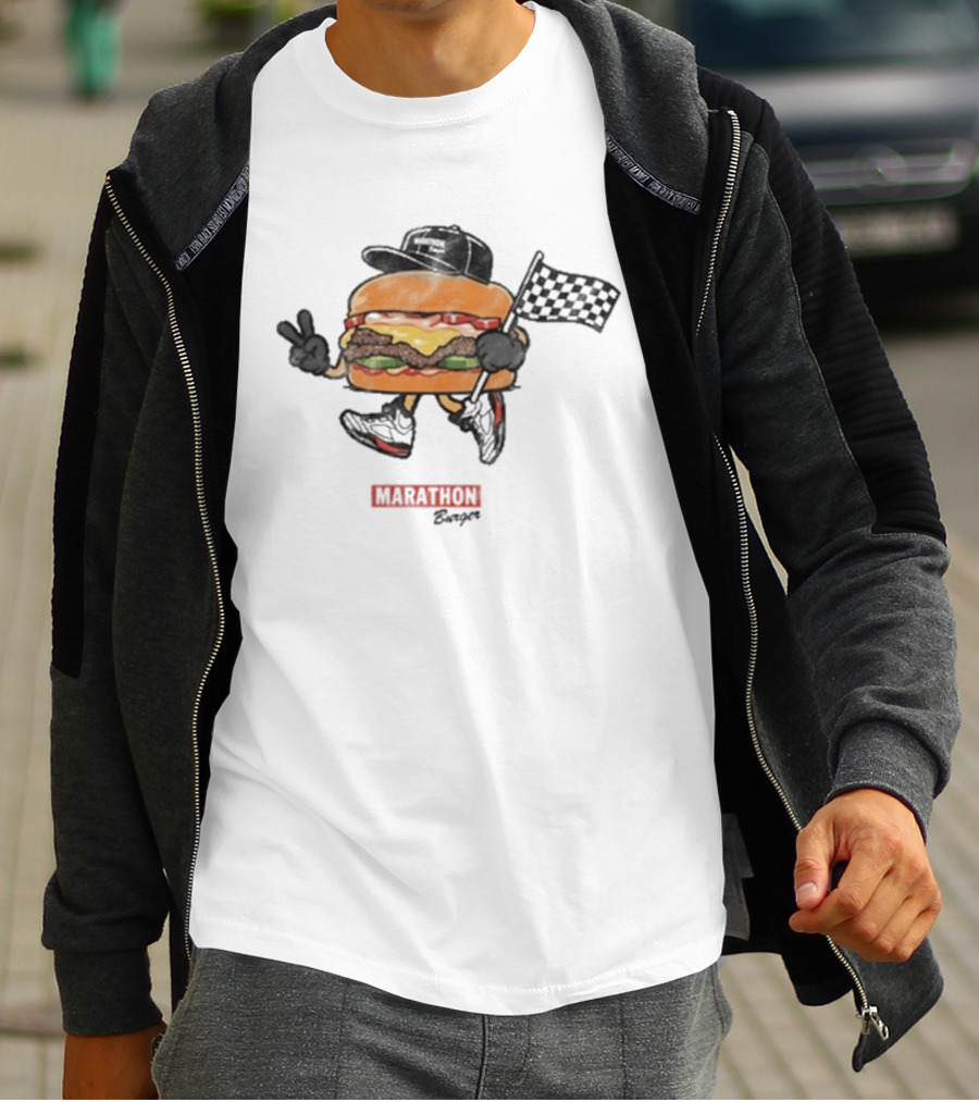 Marathon Burger Cartoon Racing With Peace Sign And Checkered Flag T-Shirt