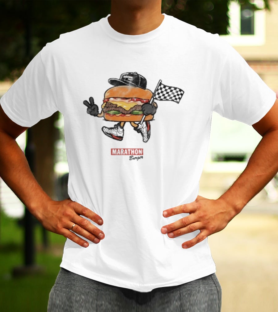 Marathon Burger Cartoon Racing With Peace Sign And Checkered Flag T-Shirt