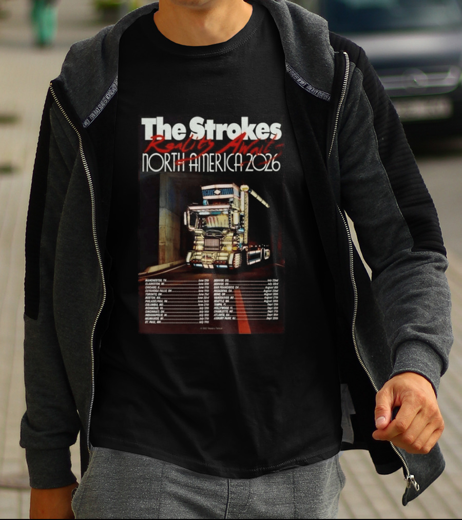 The Strokes Reality Awaits North America 2026 Tour With Concert Dates And American Flag Truck T-Shirt