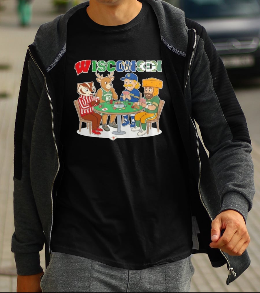 Wisconsin Sports Mascots Playing Poker With Packers Brewers And Bucks Themes T-Shirt