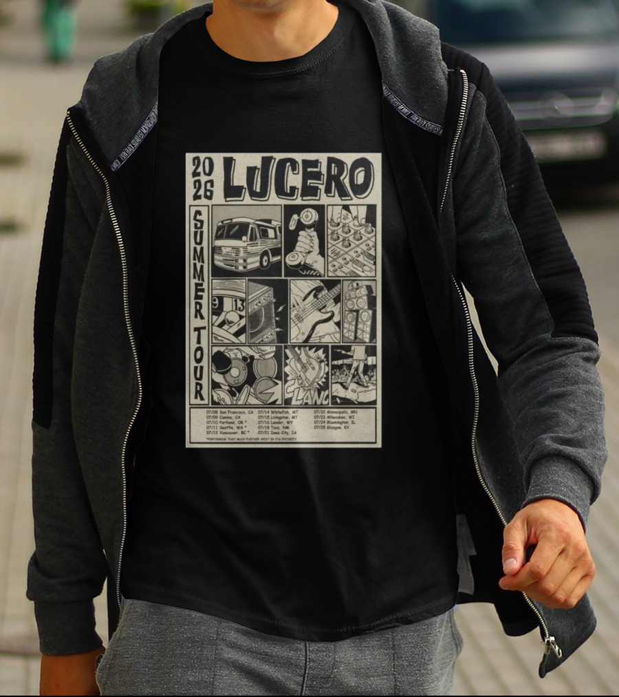 2026 Lucero Summer Tour Dates Featuring Vintage Comic Style With Iconic Band Imagery And Tour Stops T-Shirt
