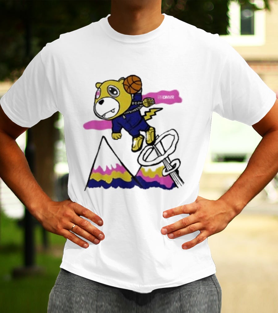 Dnvr Flying Basketball Mascot In Colorful Mountain Scene With Bicycle And Lightning T-Shirt