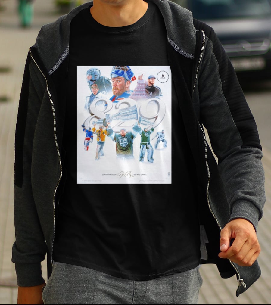 Jonathan Quick 829 NHL Games Collage With Stanley Cup Images T-Shirt