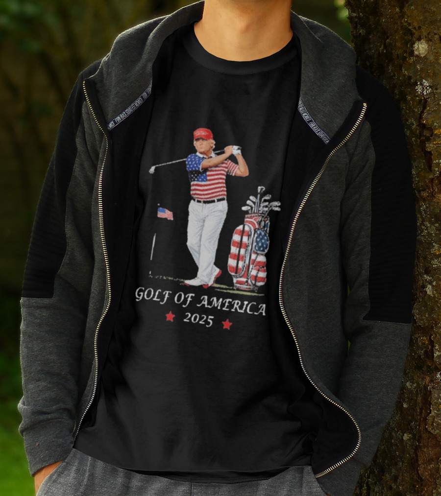 GOLF OF AMERICA 2025 Trump Red Cap Stars Stripes Golf Bag T-Shirt