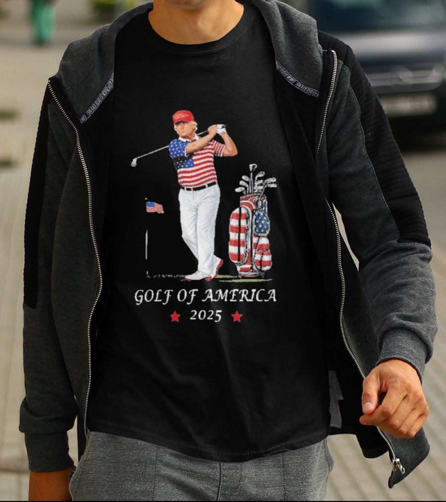 GOLF OF AMERICA 2025 Trump Red Cap Stars Stripes Golf Bag T-Shirt