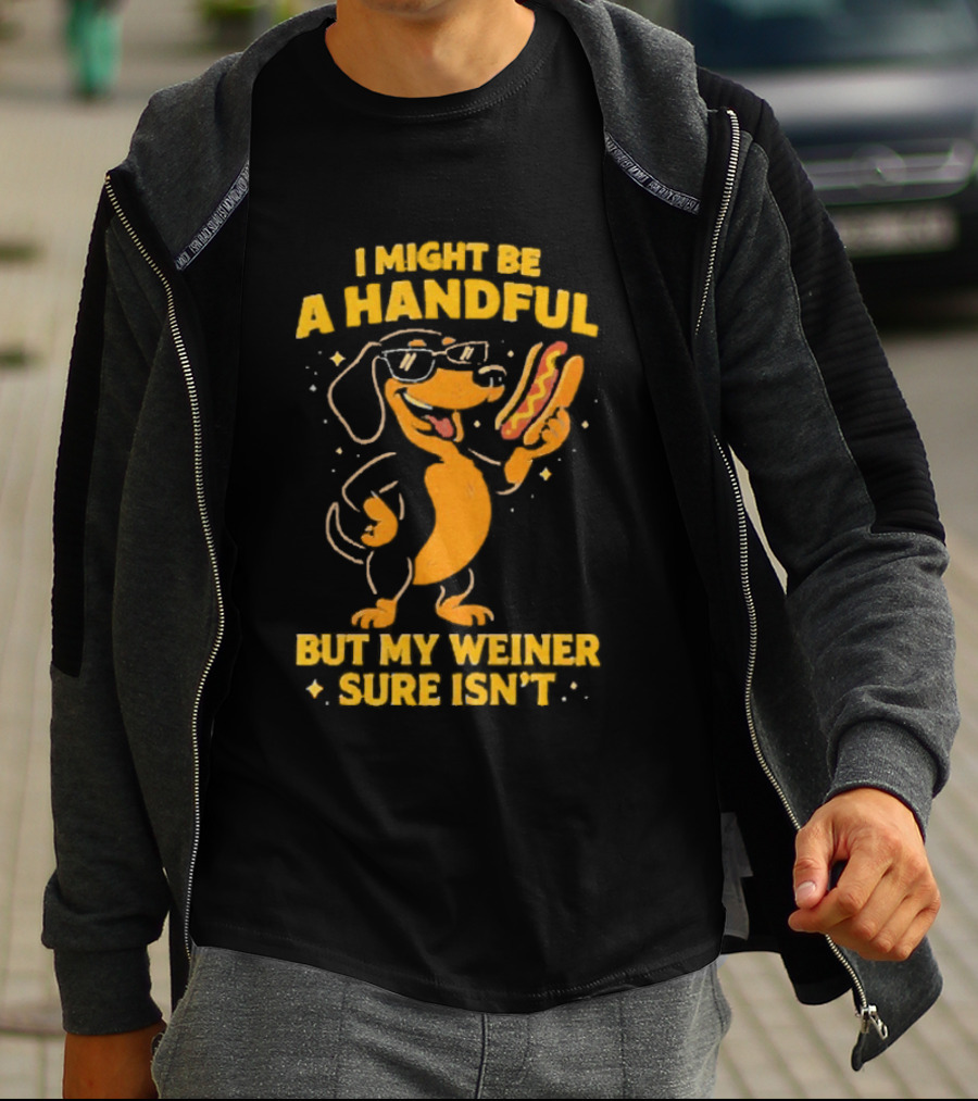 I Might Be A Handful But My Weiner Sure Isn't Hotdog Dog Wearing Glasses Holding Hotdog T-Shirt