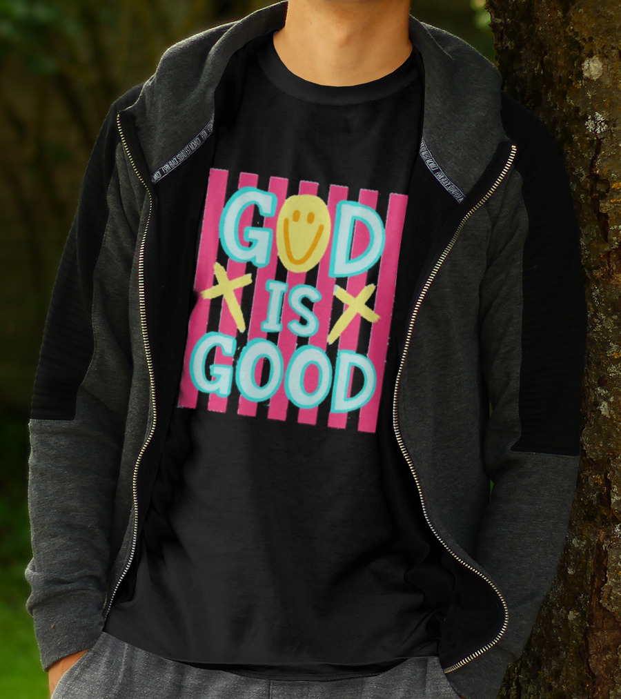 God Is Good Smiley Face Crosses Pink Stripes T-Shirt
