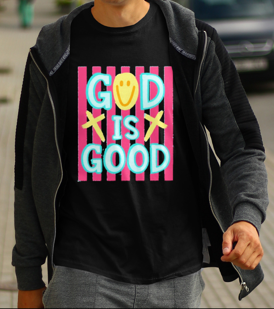 God Is Good Smiley Face Crosses Pink Stripes T-Shirt