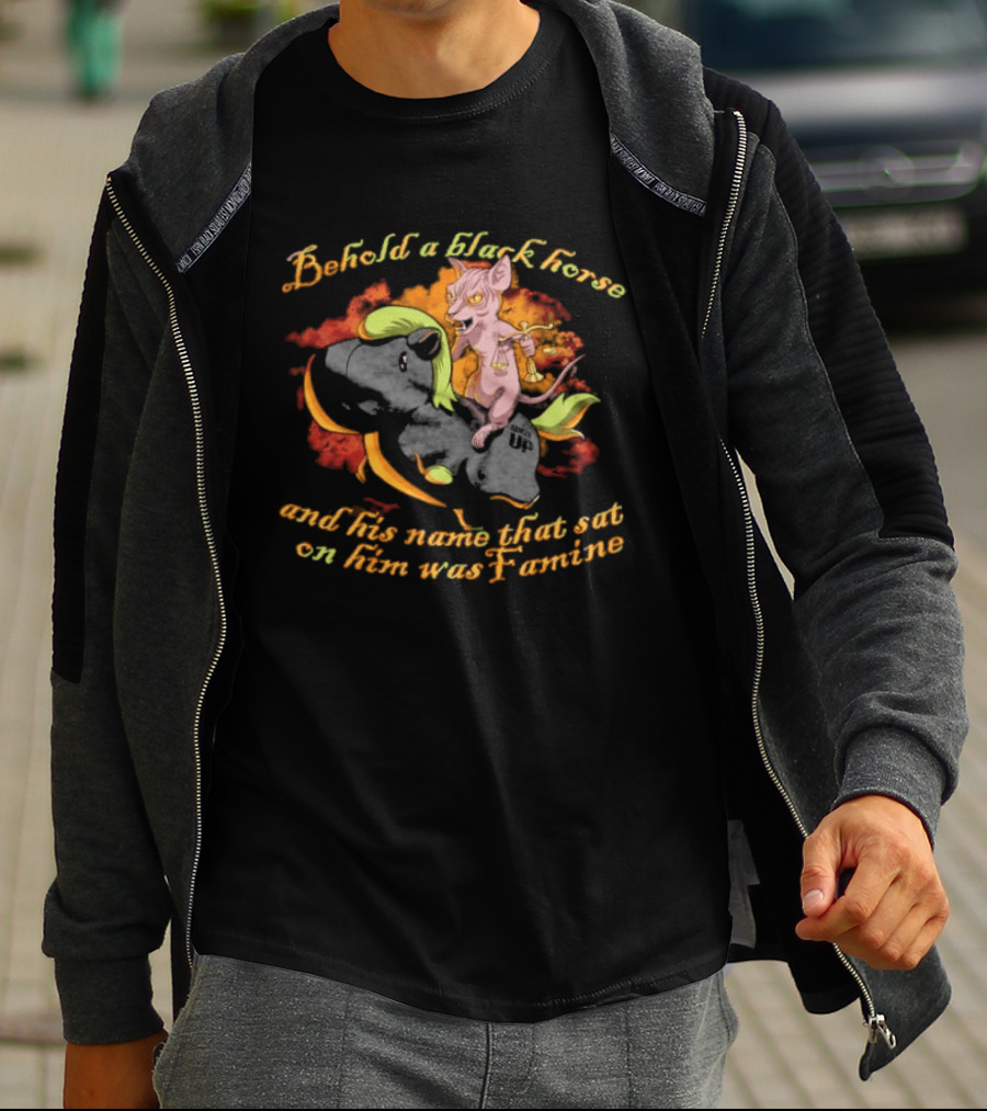 Behold A Black Horse And His Name That Sat On Him Was Famine Text With Cartoon Demon Rider T-Shirt