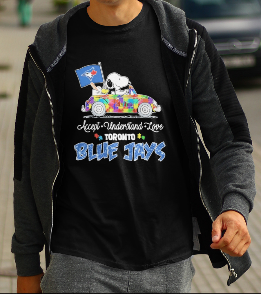 Snoopy Woodstock Driving Car Toronto Blue Jays Autism Awareness Accept Understand Love T-Shirt