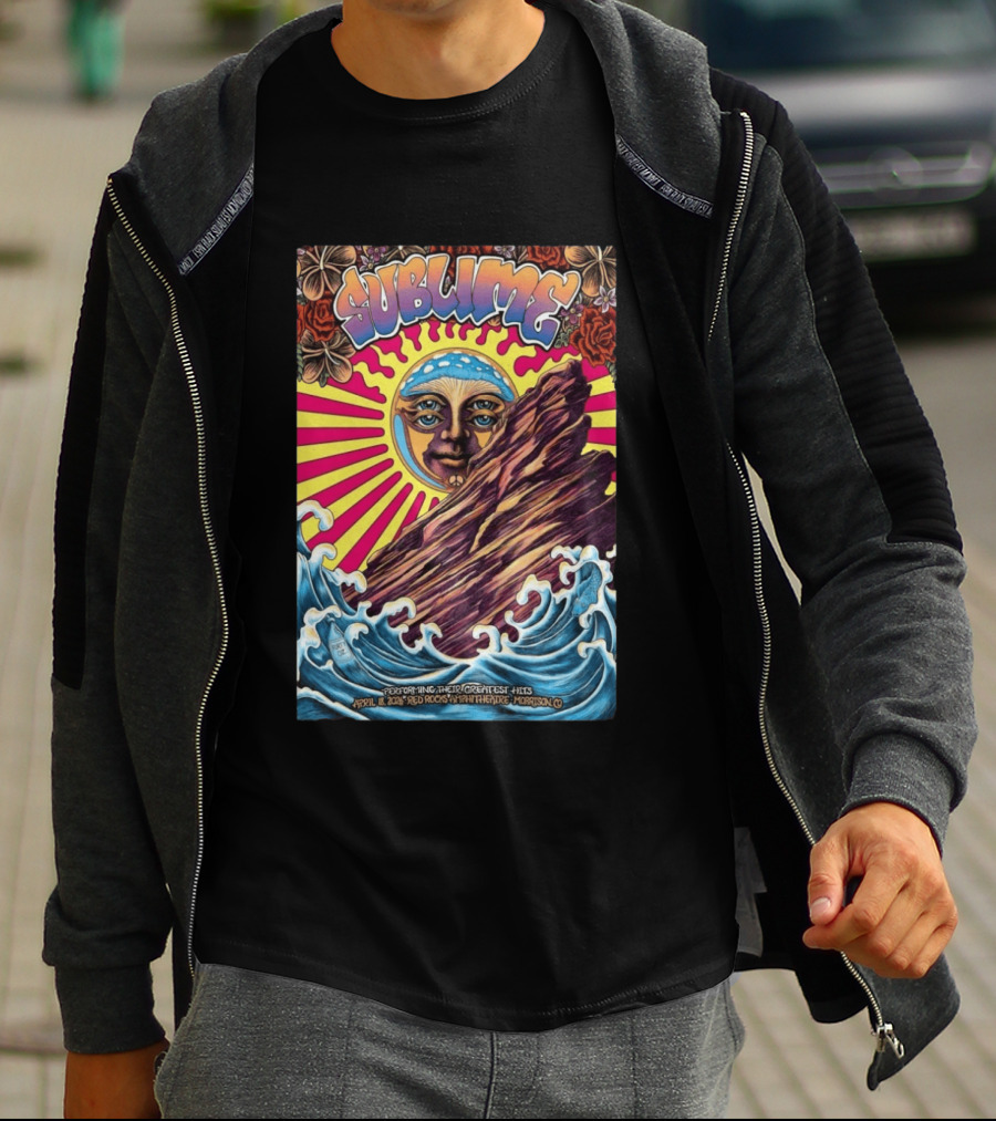 Sublime April 18 2026 Red Rocks Amphitheatre Morrison CO Performing Their Greatest Hits Sun Ocean Waves T-Shirt