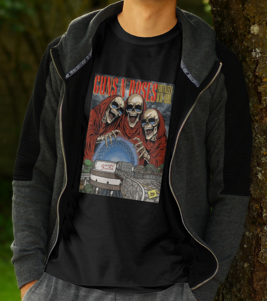 Guns N' Roses Fortaleza 18 De Abril Skeleton Red Hooded Figures Concert T-Shirt
