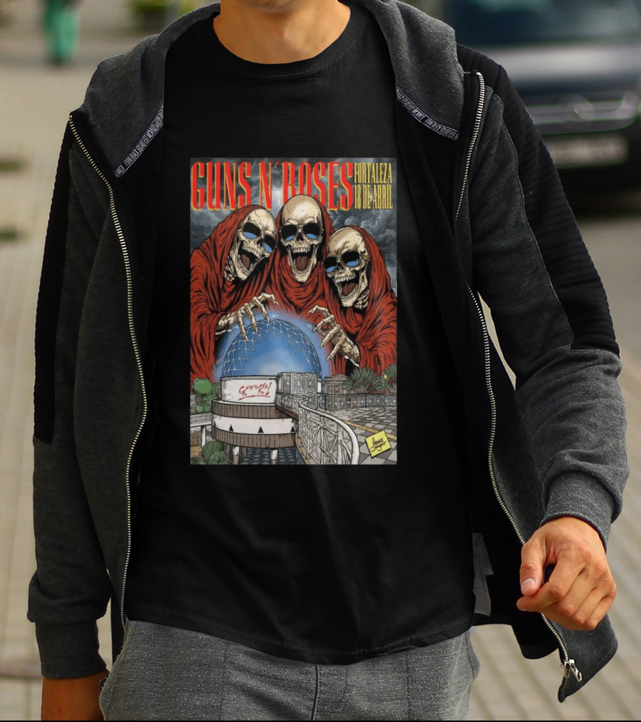Guns N' Roses Fortaleza 18 De Abril Skeleton Red Hooded Figures Concert T-Shirt