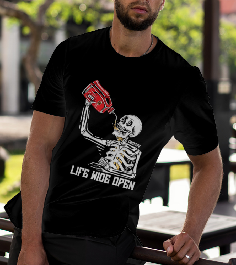 Cboystv Life Wide Open Skeleton Drinking Soul Fuel T-Shirt