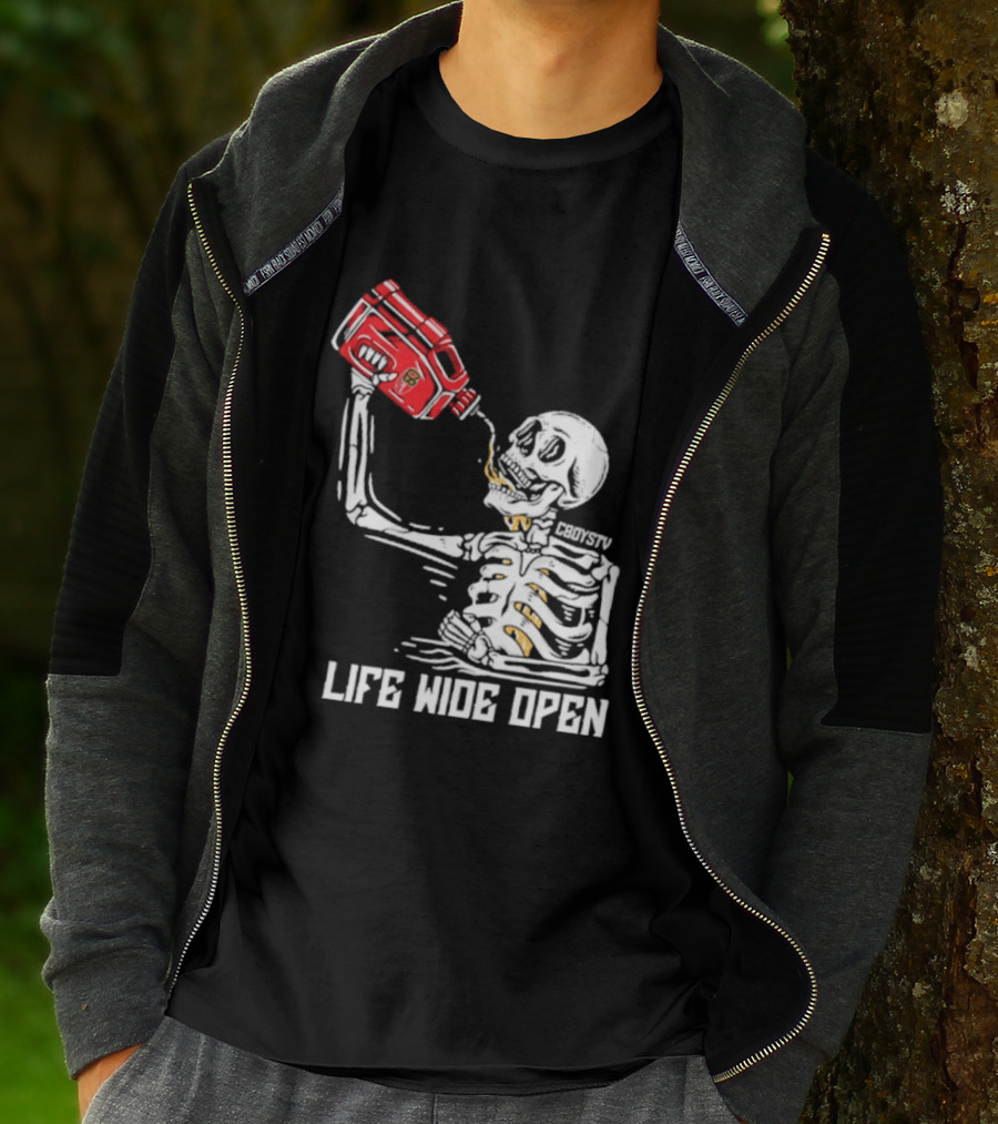 Cboystv Life Wide Open Skeleton Drinking Soul Fuel T-Shirt