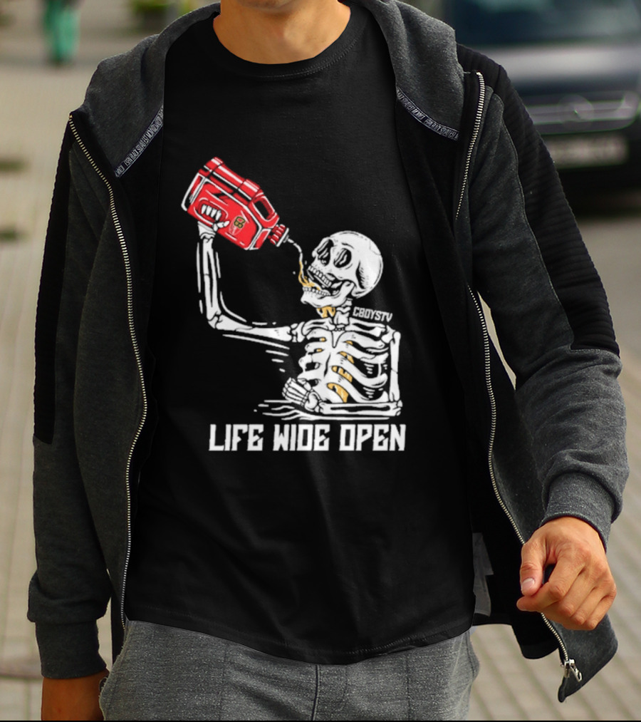 Cboystv Life Wide Open Skeleton Drinking Soul Fuel T-Shirt