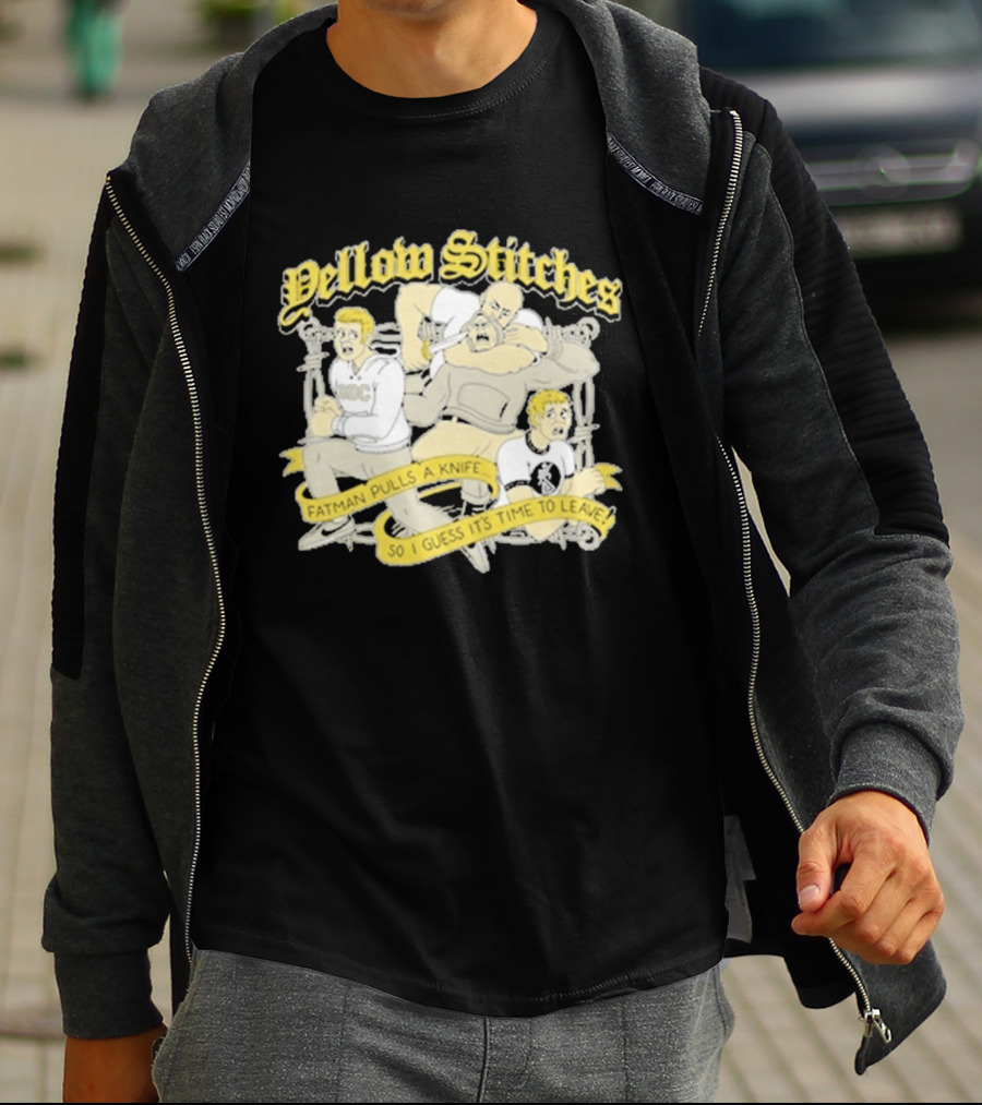 Yellow Stitches Friends Family Forever ROC Fatman Pulls A Knife T-Shirt