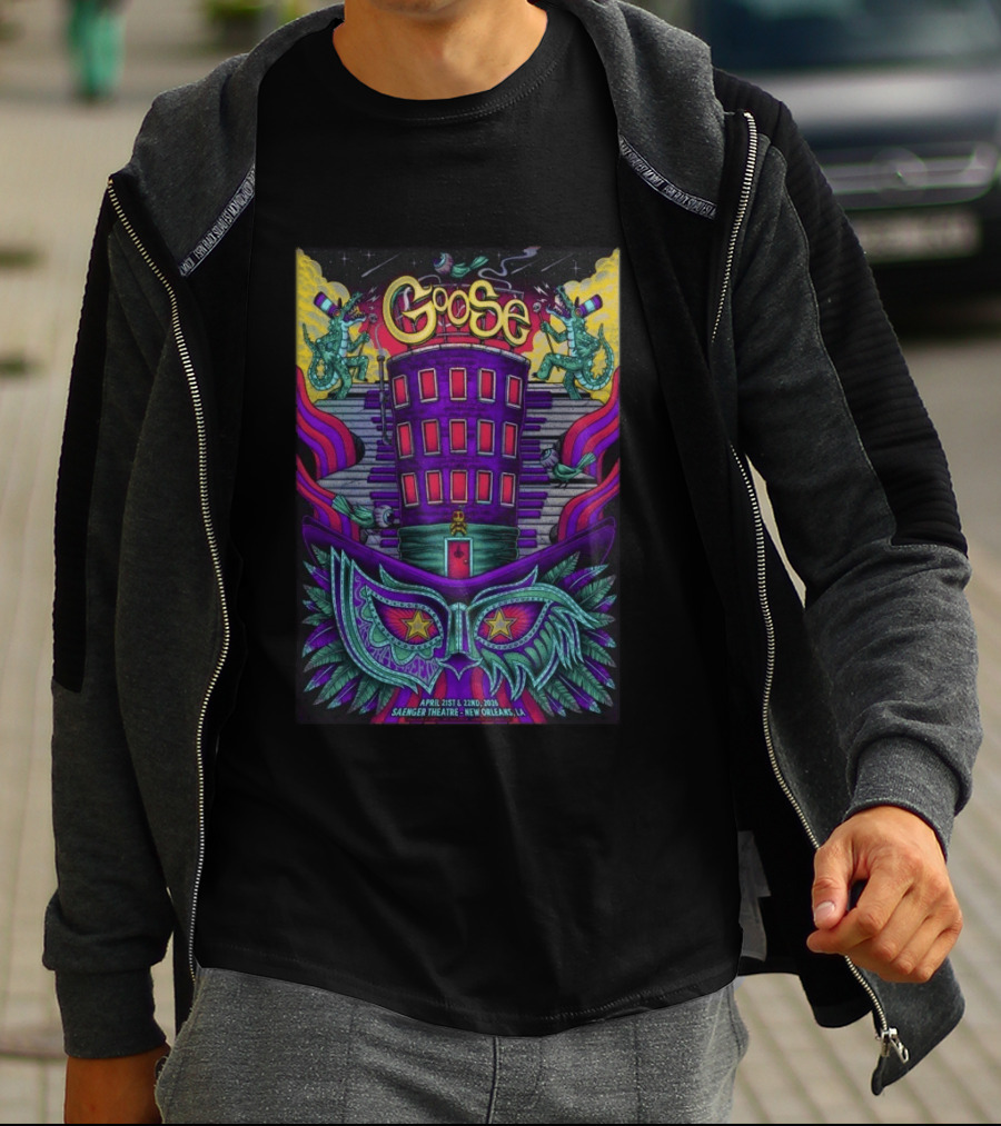 Goose Saenger Theatre New Orleans LA April 21 22 2026 Mardi Gras Gators Mask Art Deco T-Shirt