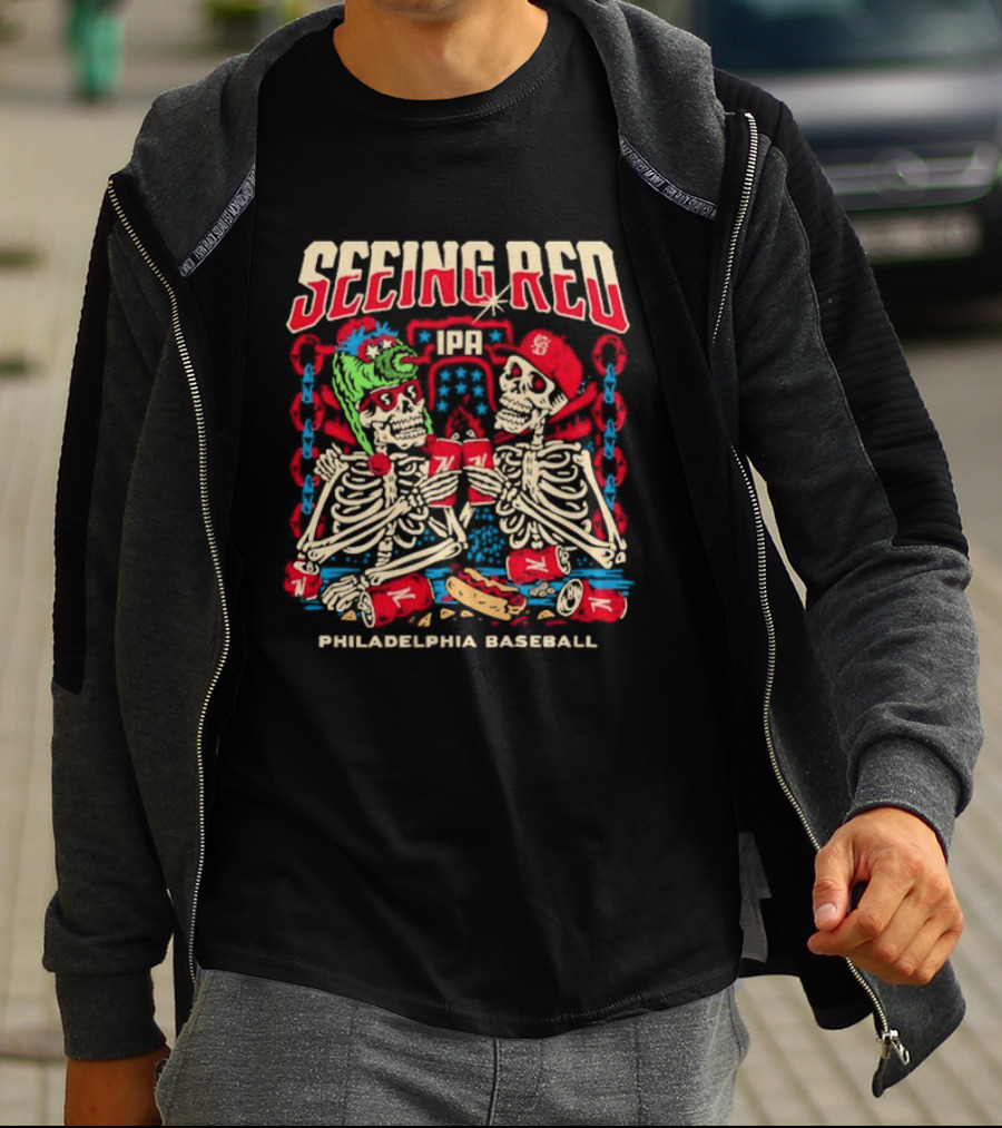 Seeing Red Philadelphia Baseball Skeletons Red Caps Hot Dog Beer T-Shirt