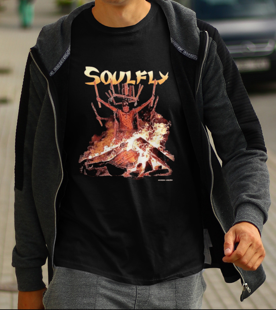 Soulfly Chama Tribal Warrior With Flaming Bonfire T-Shirt