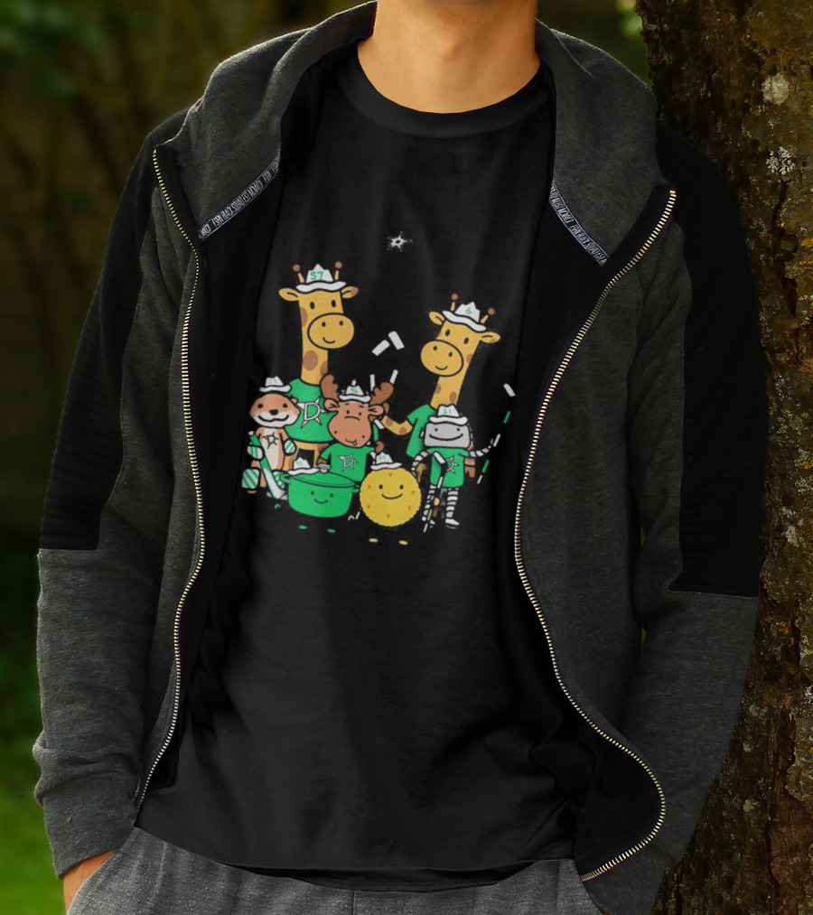 Dallas Stars Cartoon Characters Family Fun With Giraffe Moose Dog Bear And Cat T-Shirt