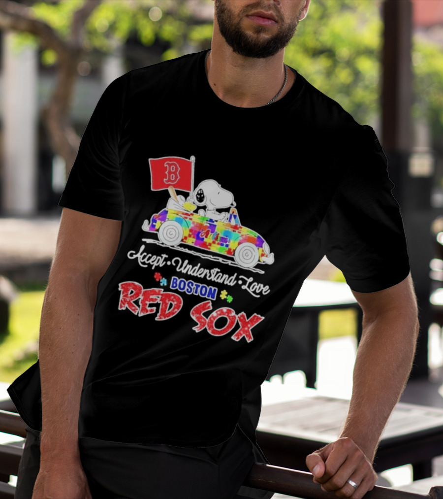 Snoopy Woodstock Boston Red Sox Driving Car Autism Awareness Accept Understand Love 2026 T-Shirt
