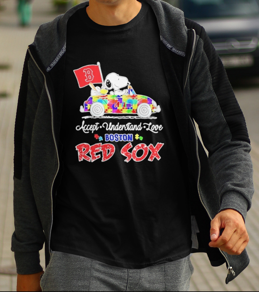 Snoopy Woodstock Boston Red Sox Driving Car Autism Awareness Accept Understand Love 2026 T-Shirt