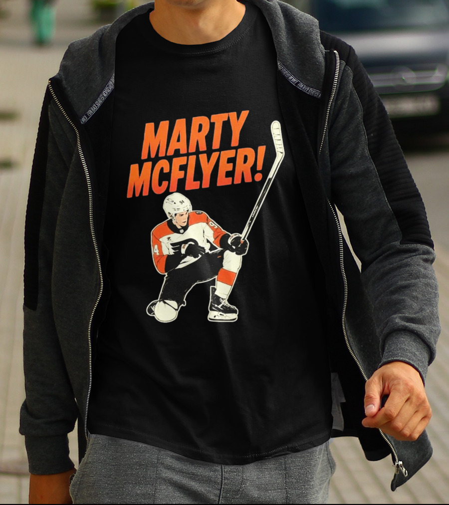 Marty McFlyer 94 Hockey Player In Action T-Shirt