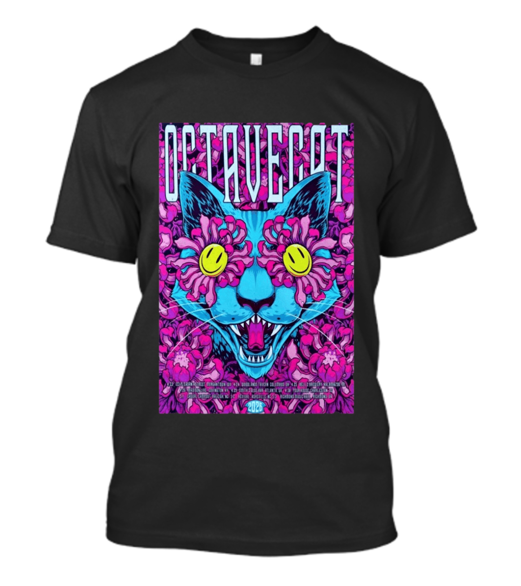 Octave Cat 2026 Psychedelic Spring Tour Dates Floral Cat T-Shirt