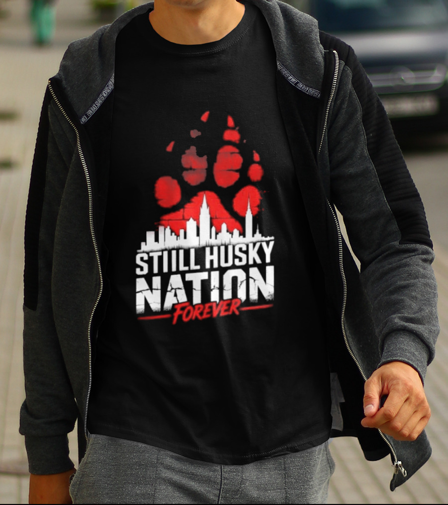Still Husky Nation Forever Red Paw Print Skyline 2026 NBA UConn Huskies T-Shirt