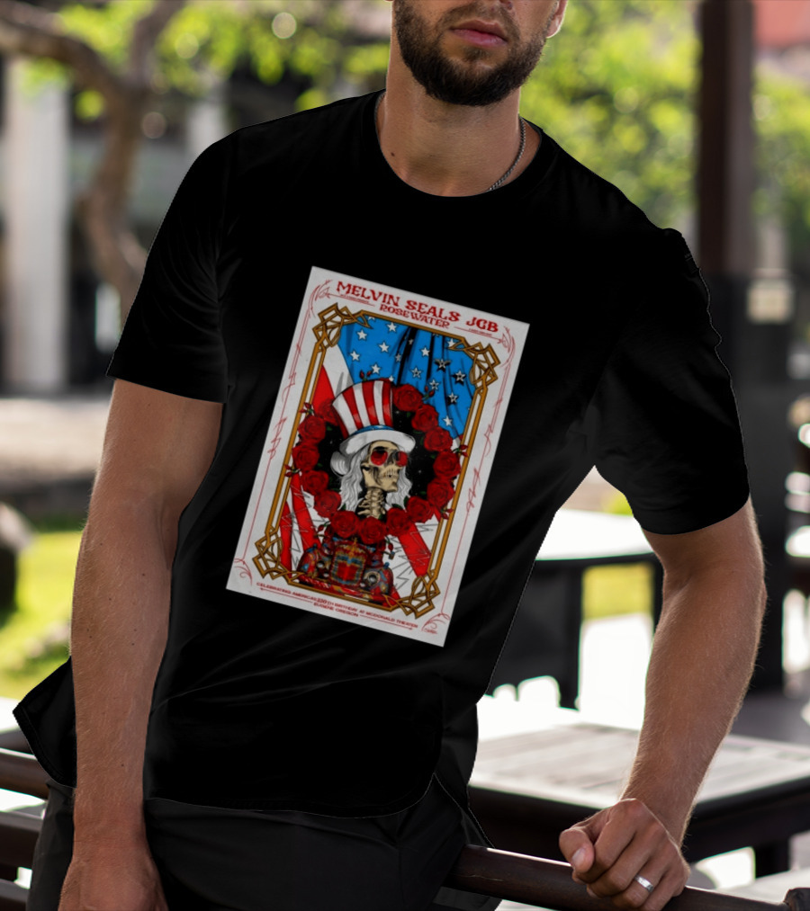 Melvin Seals JGB Rosewater July 4 2026 McDonald Theatre Eugene Oregon Patriotic Skull T-Shirt