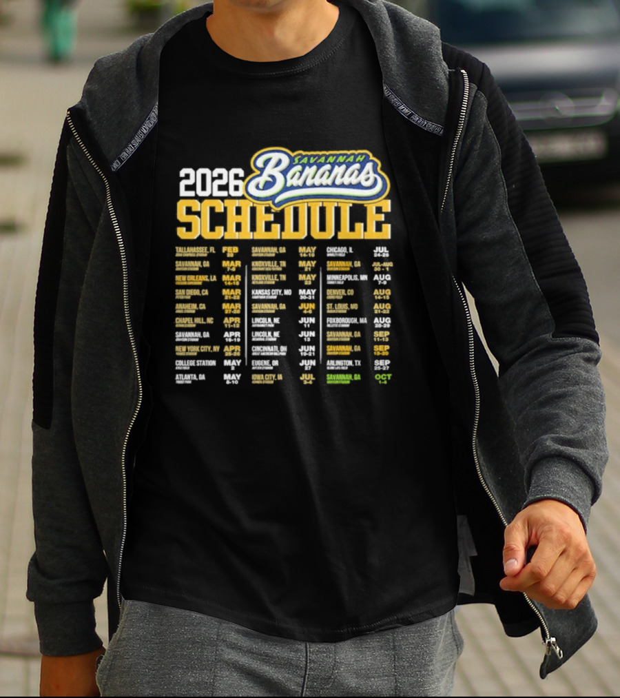 Savannah Bananas 2026 World Tour Schedule Dates And Locations T-Shirt