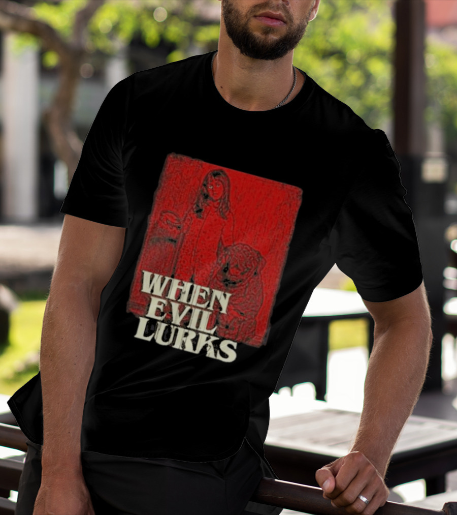 When Evil Lurks Red Background Girl With Bear T-Shirt