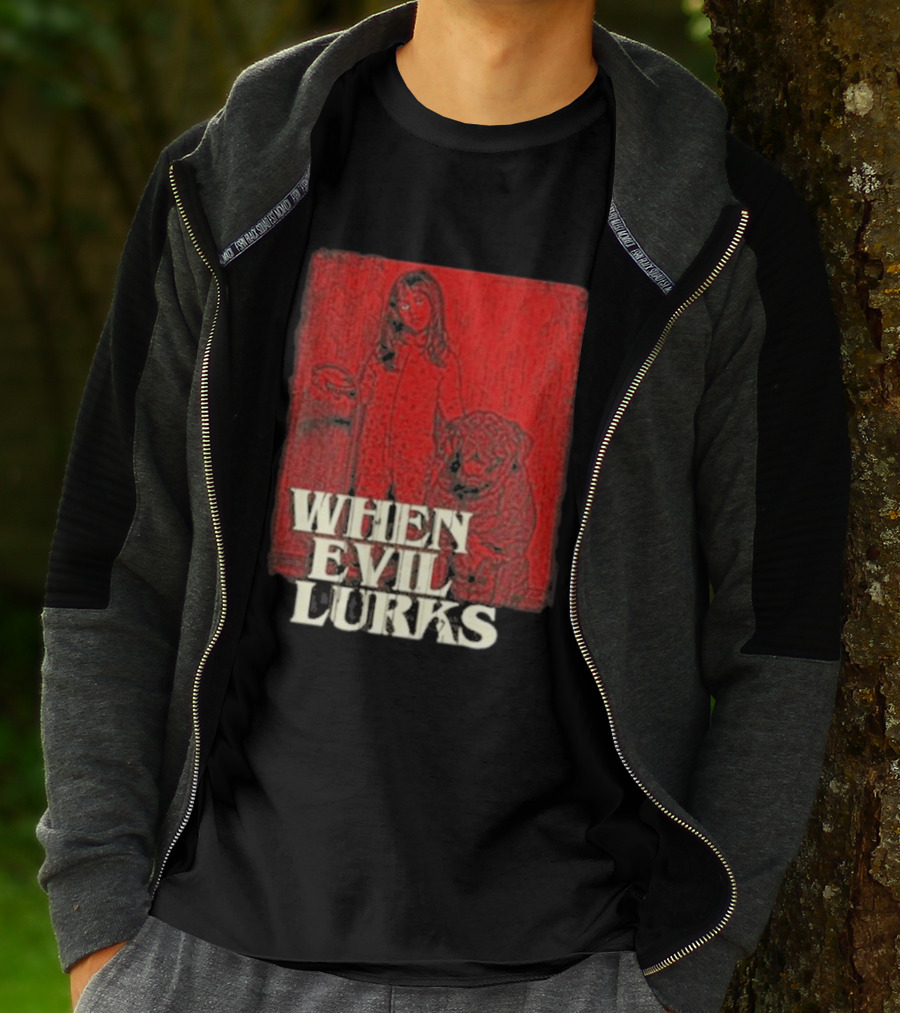 When Evil Lurks Red Background Girl With Bear T-Shirt
